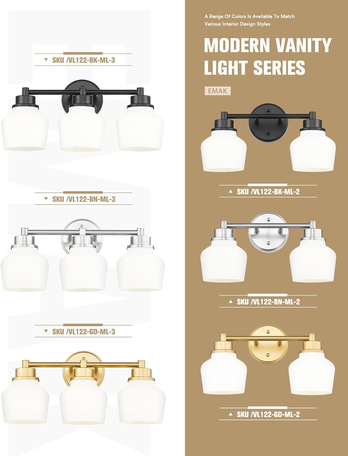Emak Gold Vanity Light with Milk Glass Shade, Modern Bathroom Light Fixtures Over Mirror, 3-Light Bathroom Vanity Lights for Mirror, Bath, VL122-GD-ML-3
