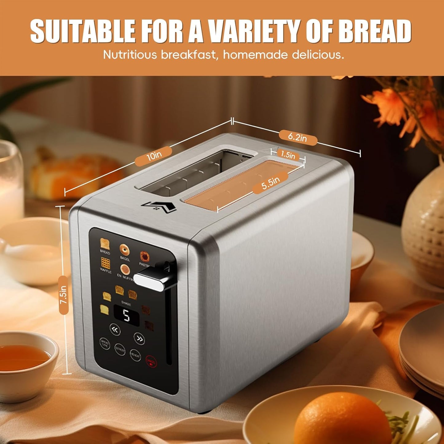 2 Slice Toaster,Touchscreen & Dual Independent Control Panel,5 Basic Functions & Digital Countdown Toasters,6 Shade Settings&6 Bread Types,Smart Bread Maker Mute/Screen-Off,Titanium
