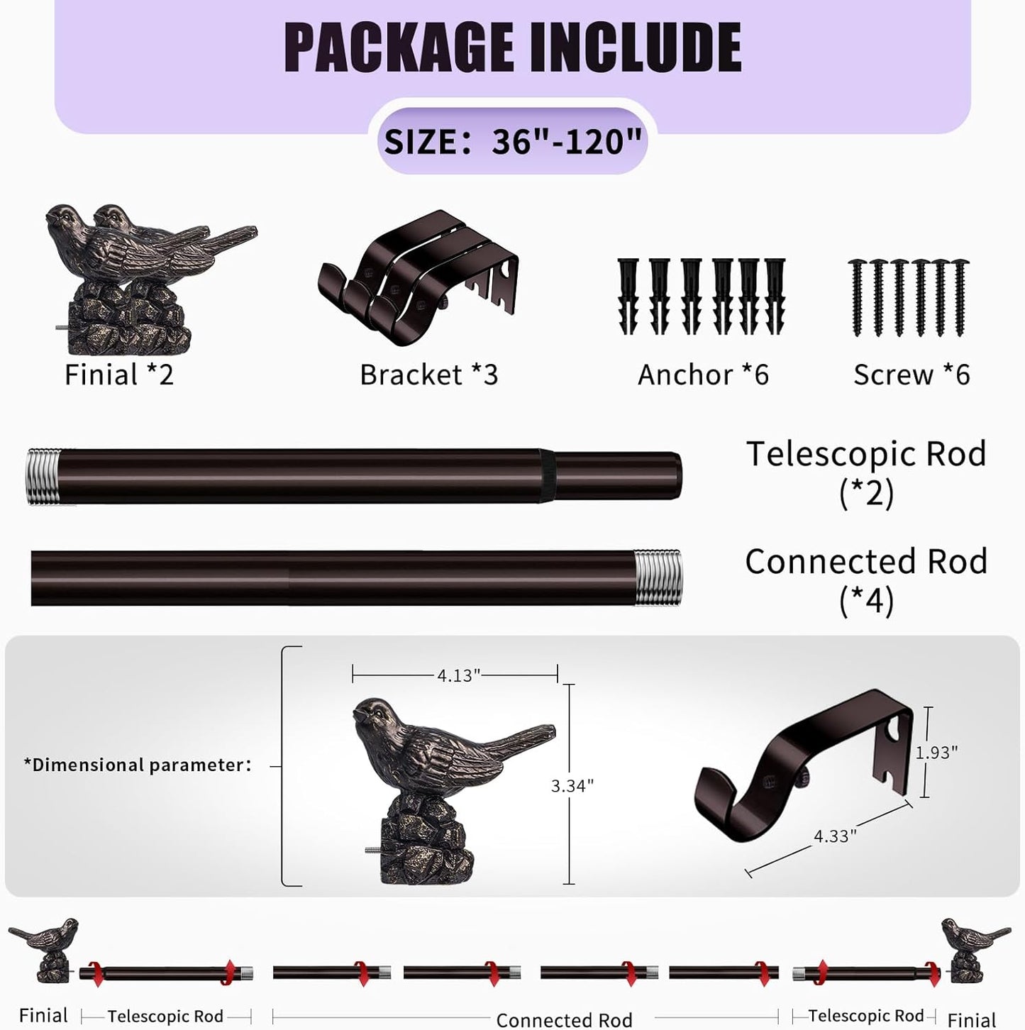 Curtain Rods 36"-120" Vintage Oil Bronze Curtain Rods for Windows Adjustable Drapery Rod with Bird Finials Heavy Duty Brown Curtains Rod for Living Room Bedroom