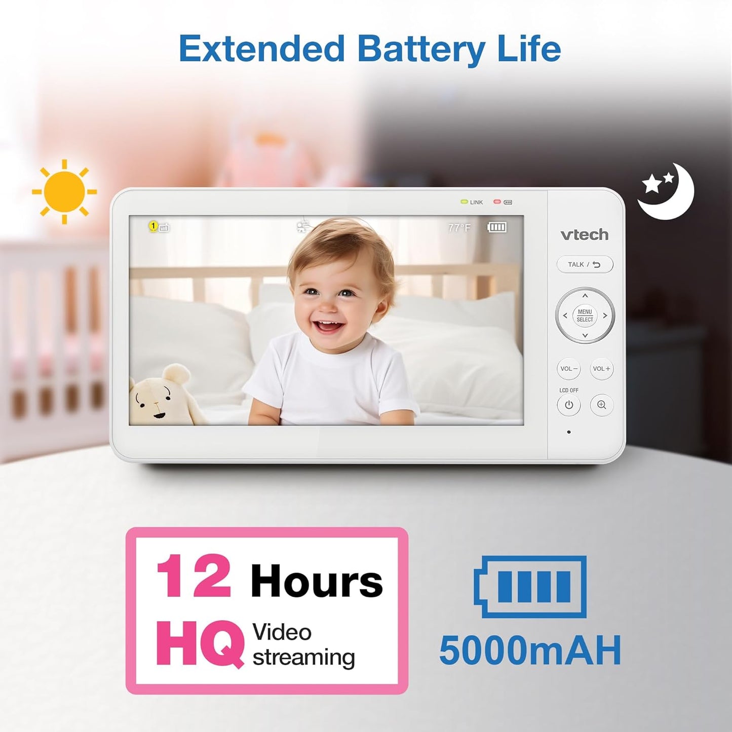 VTech Advanced HQ Max Twin 7" Digital Video 2-Cameras Baby Monitor with Pan Tilt Zoom, Long Battery Life 5000mAh, IPS Screen, Adaptive Multi-Color Night Light, 2-Way Talk, HQ Display, No WiFi, White