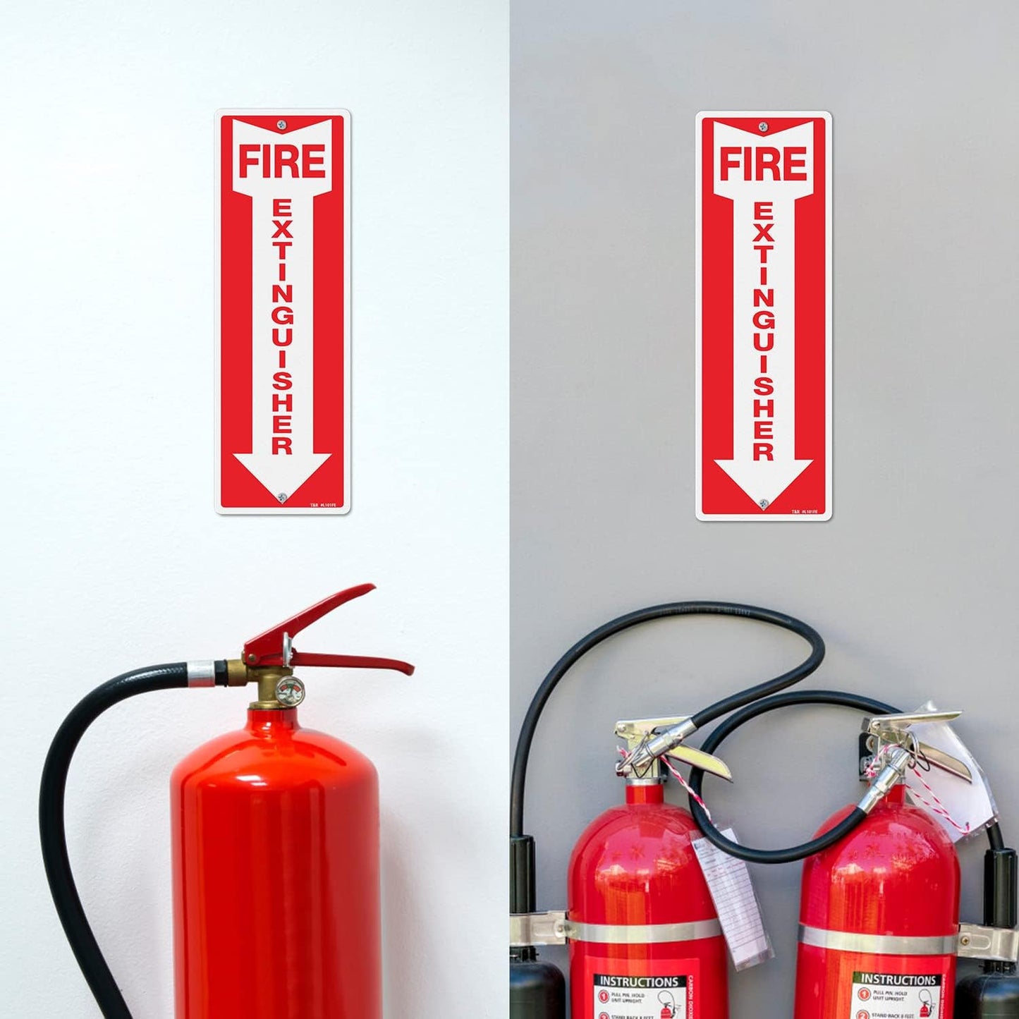T&R Metal Fire Extinguisher Sign - 4 Pack - 12"x4" .040 Rust Free Heavy Aluminum, Reflective, Waterproof, Weatherproof and Fade Resistant, 2 pre-drilled holes, Easy to Install Indoors and Outdoors
