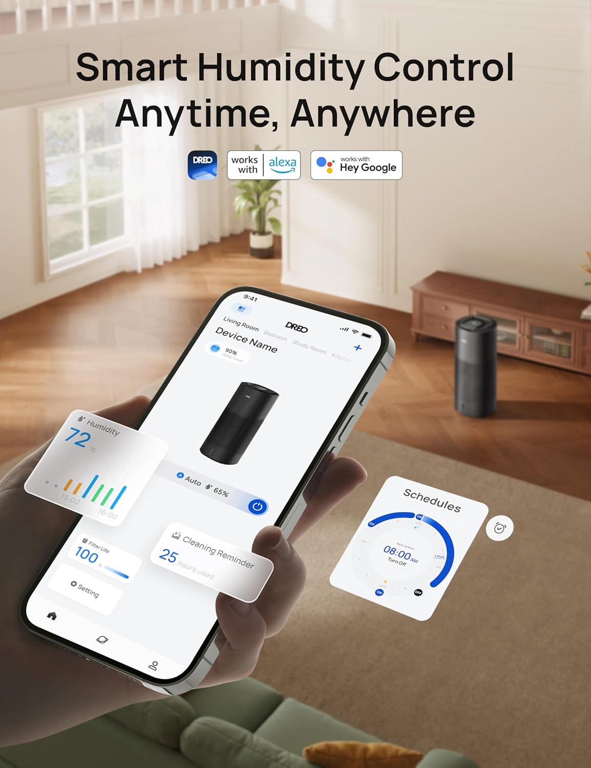 DREO Smart Evaporative Humidifier Large Room up to 1000ftยฒ, 800ml/h High Output Air Humidifiers for Bedroom, 10L, 50H Long Runtime with Precise Humidification for Plants, Home, Office, Black, HHM774S