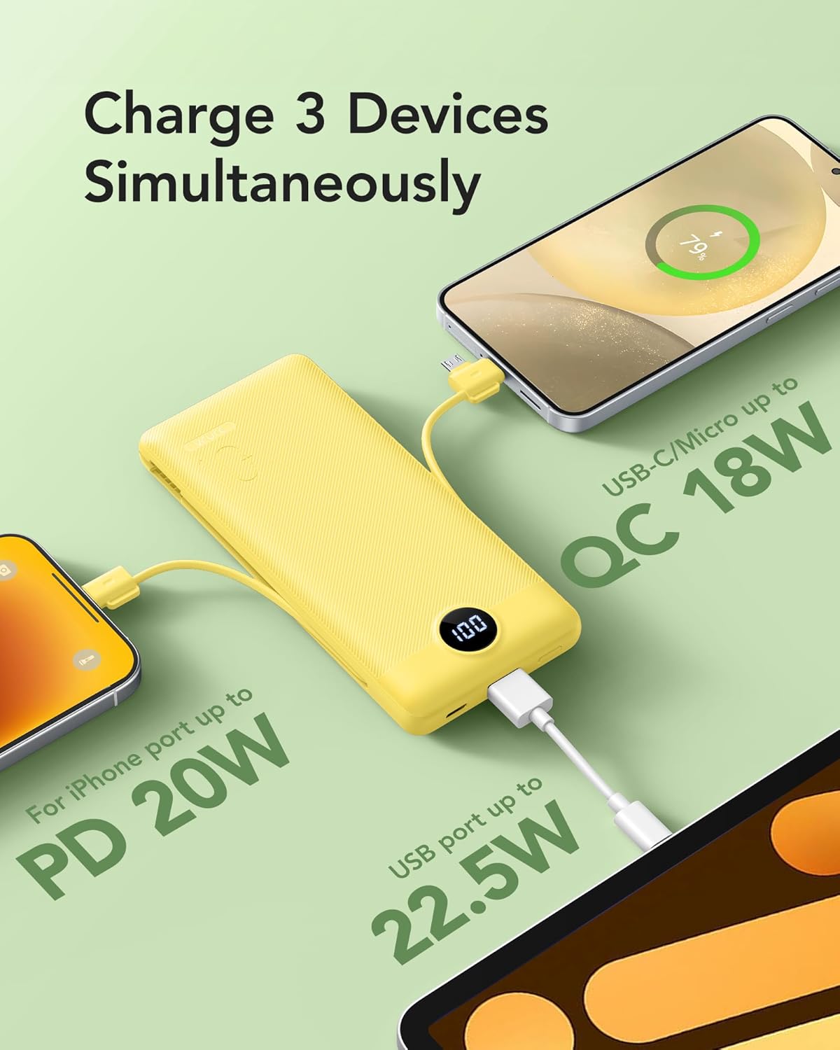 VRURC Portable Charger with Wall Plug, 10000mAh Slim Portable Charger Built in Cables,PD 20W Fast Charging Power Bank with Cords,USB C Portable Phone Charger Travel Accessories -Yellow(1 Pack)