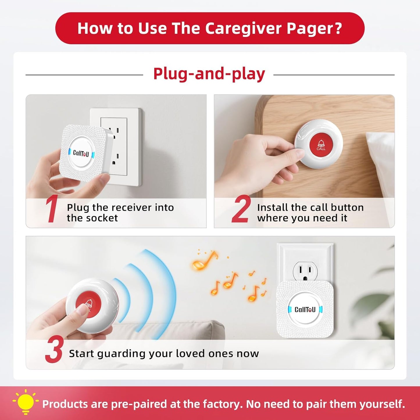 CallToU Caregiver Pager Elderly Alert Call Button for Seniors Smart Patient Call Bell Wireless Emergency Button System Adult Monitors at Home 3 Plugin Receivers 3 Waterproof Portable Transmitters