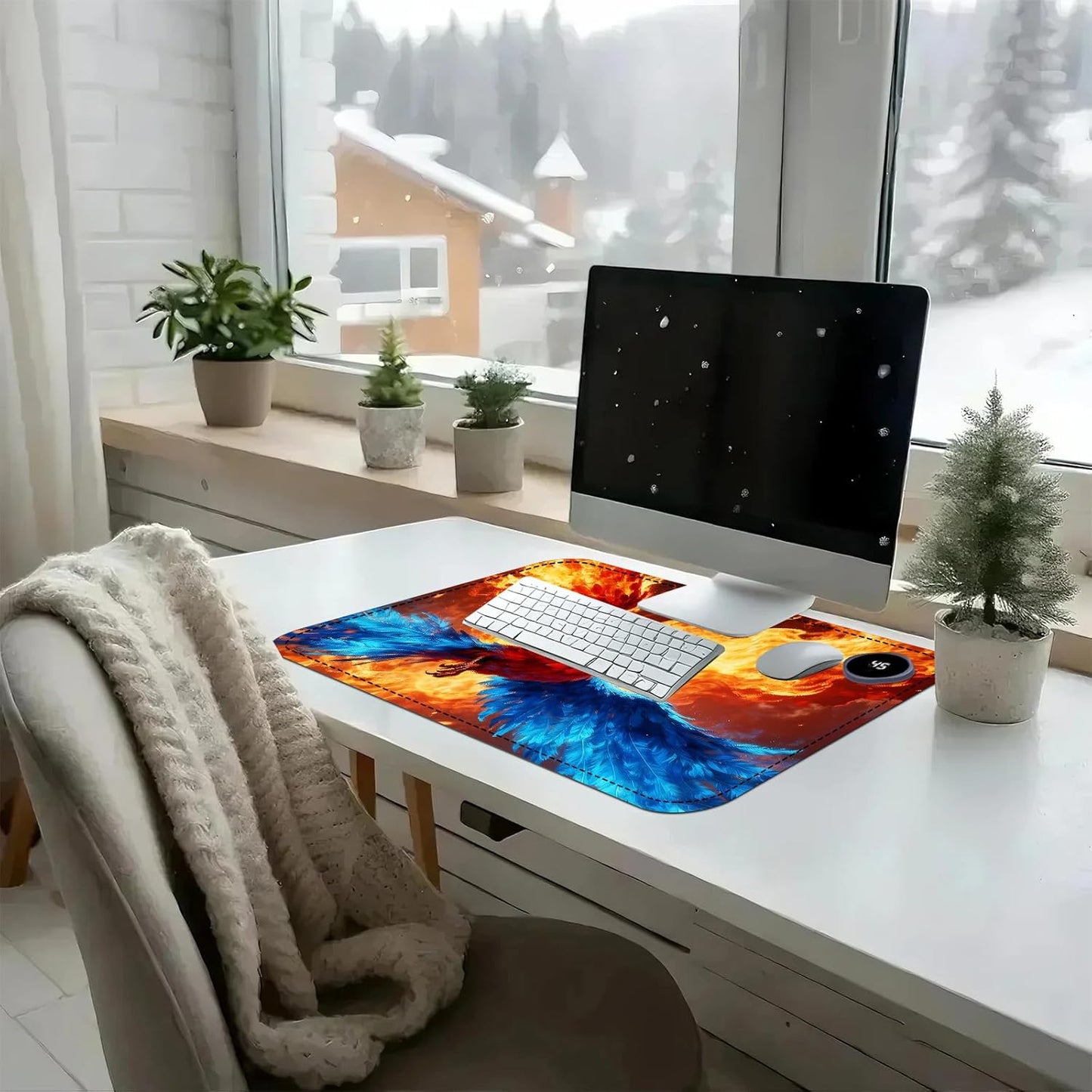 Heated Mouse Pad with 3 Temperature Settings(104°F–122°F),Large 24x14.2 Inch PU Leather Heated Desk Mat,Waterproof Warming Pad for Office,Gaming & Cold Hands Relief,Fiery Phoenix Bird