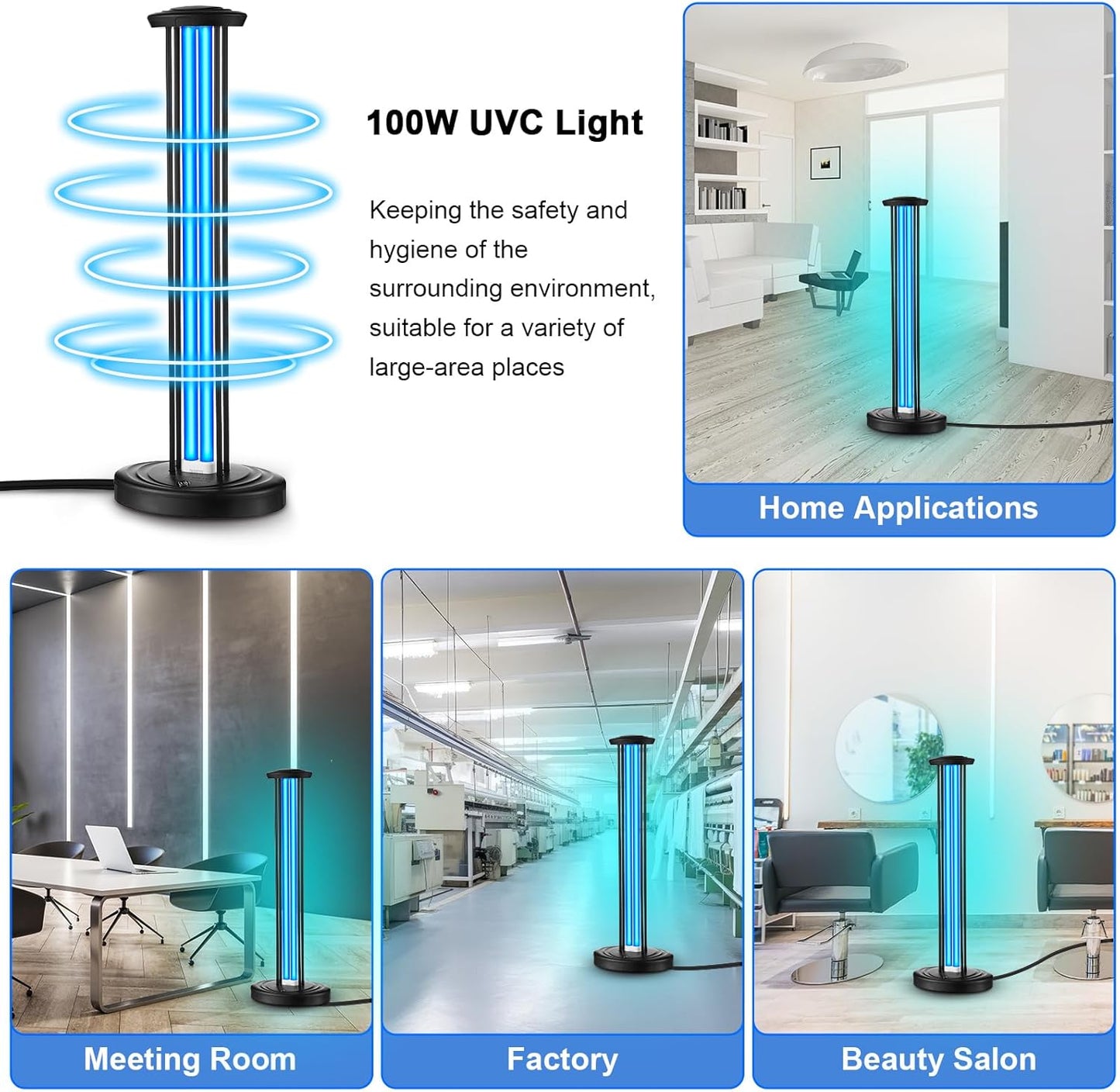 Qualirey 100W UV & Ozone Sanitizer with UV Light Glasses, High Power Room Disinfection Light with 3 Level Timer & Remote, Whole Room Disinfection for Large Spaces, Offices & Basements