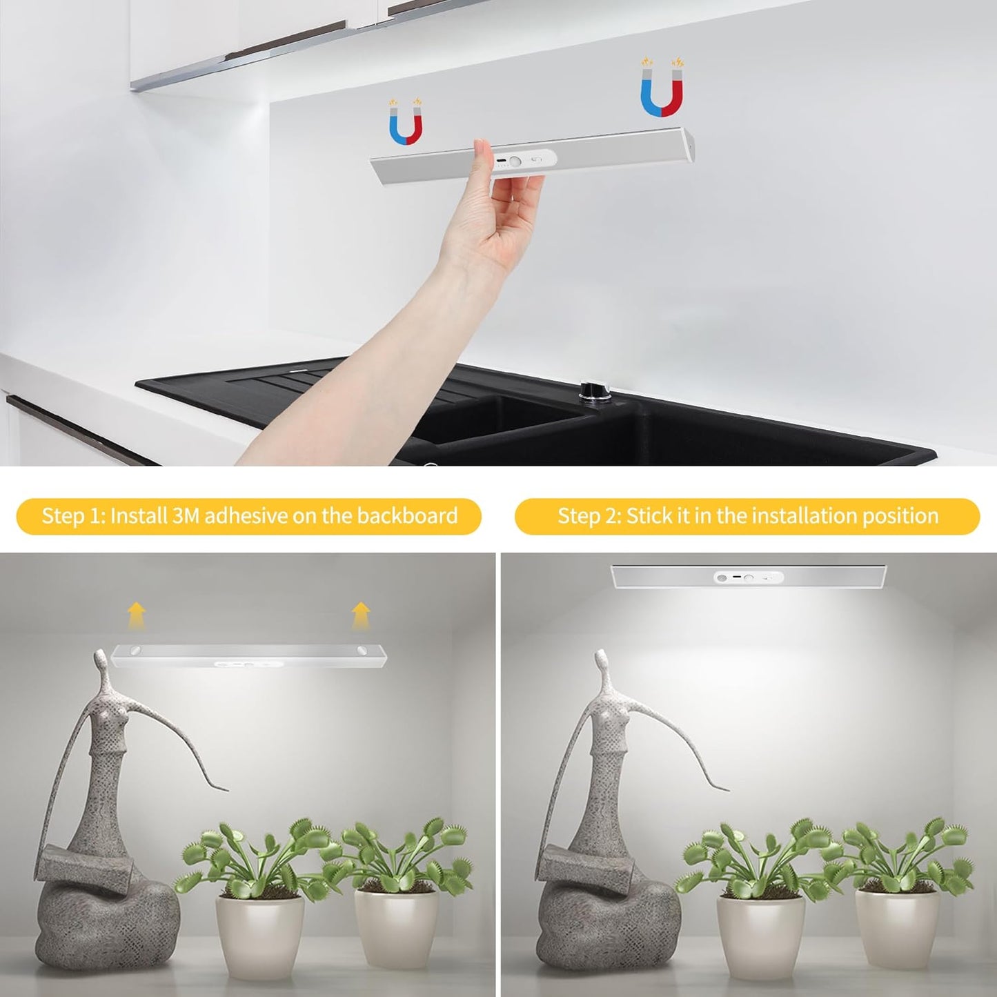 60 LED Under Cabinet Lighting Wireless with Remote and Motion Sensor Indoor,2000 mAh Rechargeable Closet Lights with 3 CCT and Dimmable,Under Counter Light for Kitchen,Stairways(2 Pack,12inch)