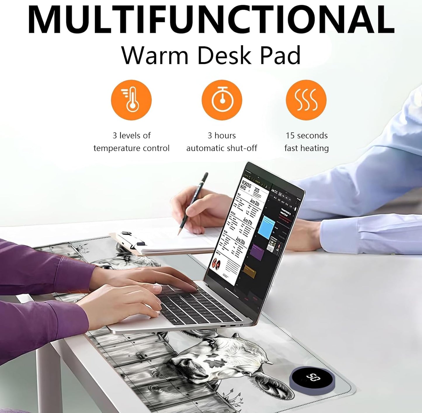 Heated Mouse Pad with 3 Levels Heated & 3 Hours Auto Shut-Off Mouse Pad for Warming Hands in Office Home, 31.5" x 13"Large Safe Desk Mat Hand Warmer,Three Lovely Cows