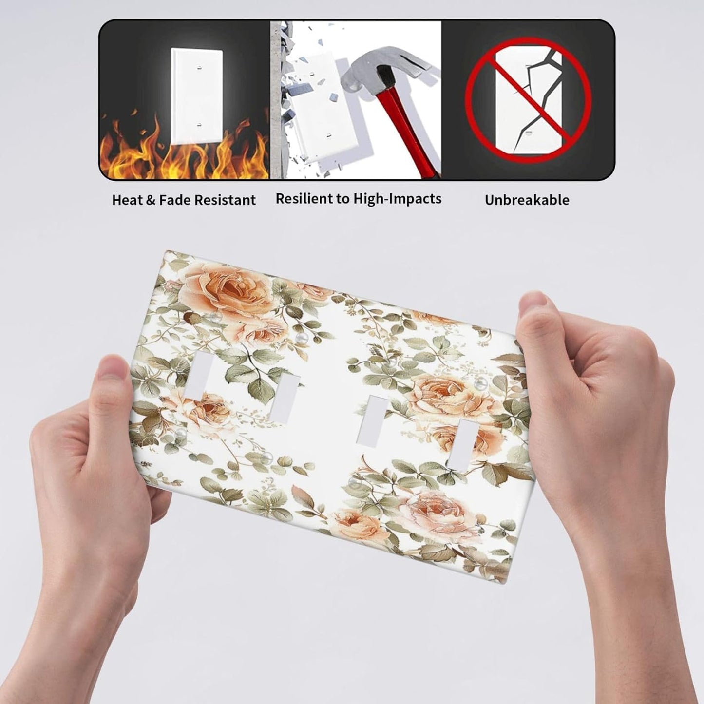 Light Switch Covers Vintage Warm Color Orange Flowers And Leaves Quad Toggle Electrical Faceplate 4 Gang Wall Plate Decorative Switch Plates for Bedroom living Room Decor