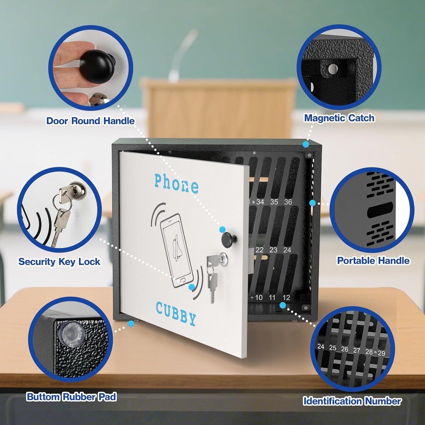 Cell Phone Holder Classroom Cell Phone Lock Box 36 Slots Metal Cell Phone Storage Cabinet Pocket Chart for Classroom with Lock for School Office