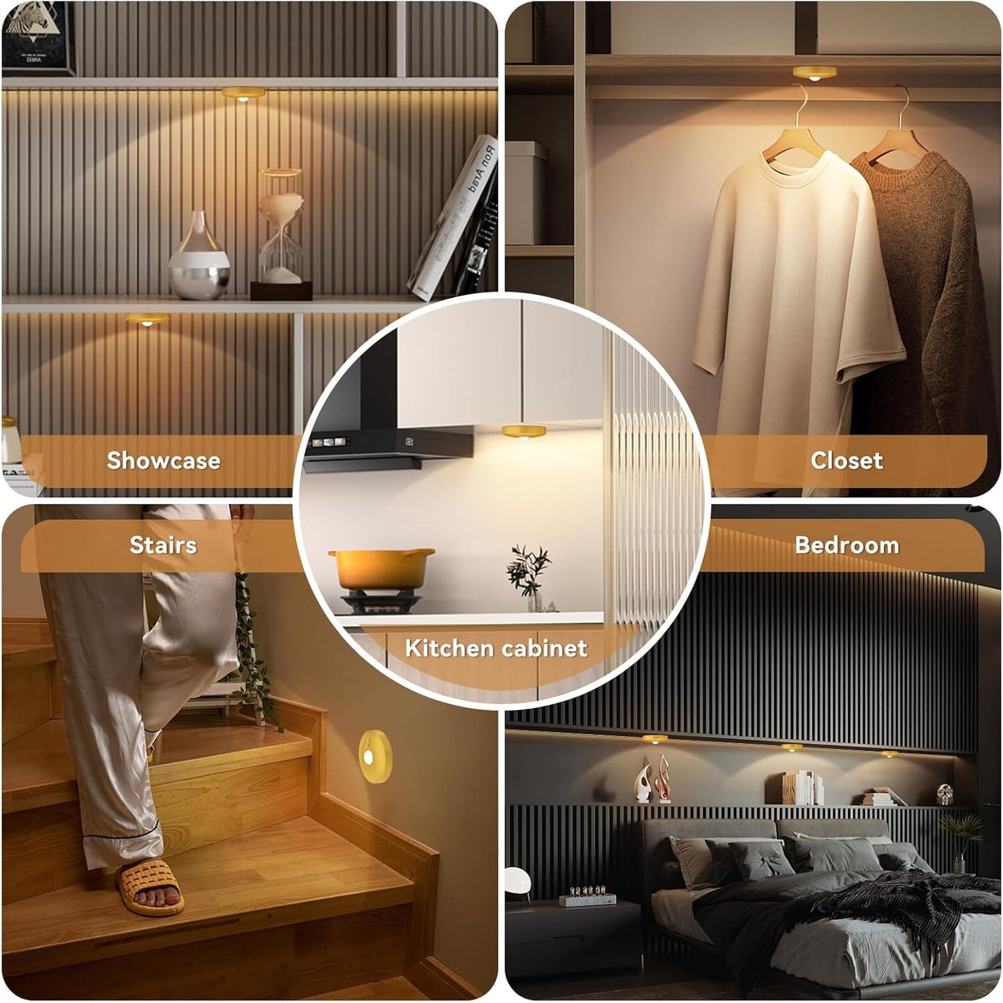 Yiliaw Rechargeable Puck Lights with Remote, 12 Pack Magnetic Under Cabinet Lighting, 1500mAh Battery Operated LED Tap Lights with Dimmer & Timmer for Kitchen, Closet, Shelf - 3 Color Temps, Gold