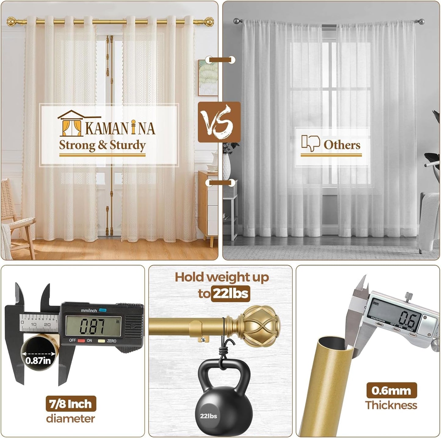 KAMANINA Gold Curtain Rod 32 to 58 Inch(2.6-4.8Ft), 7/8 Inch Single Adjustable Curtain Rods for Windows 28 to 48, Decorative Drapery Rods with Netted Texture Finials