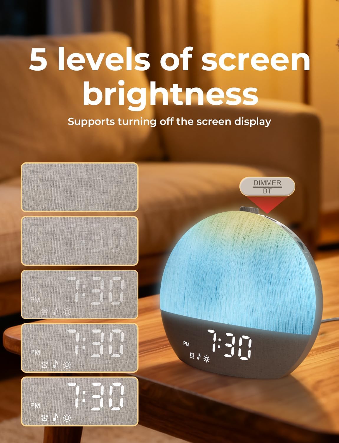 LIORQUE Sunrise Alarm Clock, Digital Alarm Clocks Bedside, 30 Sleep Sounds, Sleep Timer, Adjustable Volume & Brightness,Screen Free Design, Bluetooth, Wake up Light with White Noise for Heavy Sleepers