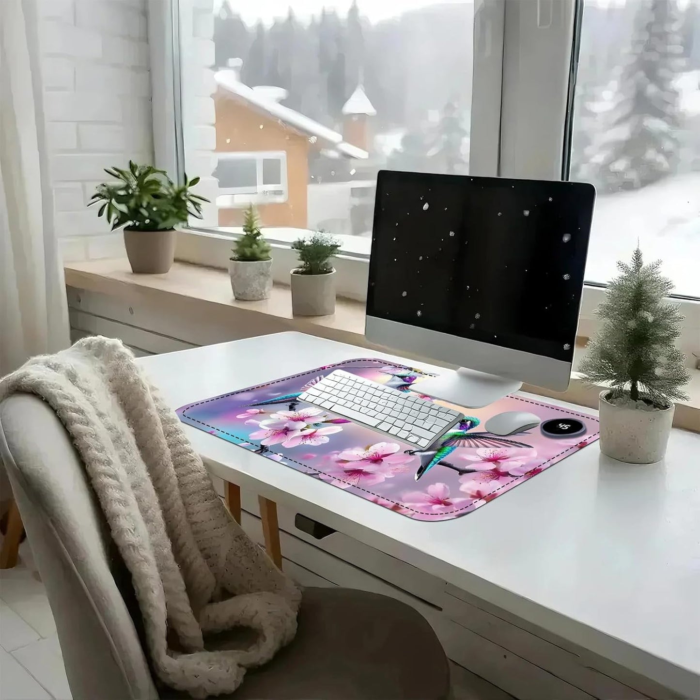 Heated Mouse Pad with 3 Temperature Settings(104°F–122°F),Large 24x14.2 Inch PU Leather Heated Desk Mat,Waterproof Warming Pad for Office,Gaming & Cold Hands Relief,Hummingbirds Flowers