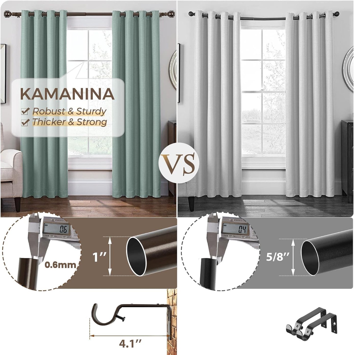 KAMANINA 1 Inch Curtain Rod Telescoping Single Drapery Rod 36 to 72 Inches (3-6 Feet), Antique Bronze Curtain Rods for Windows 24 to 68 Inches, Netted Texture Finials