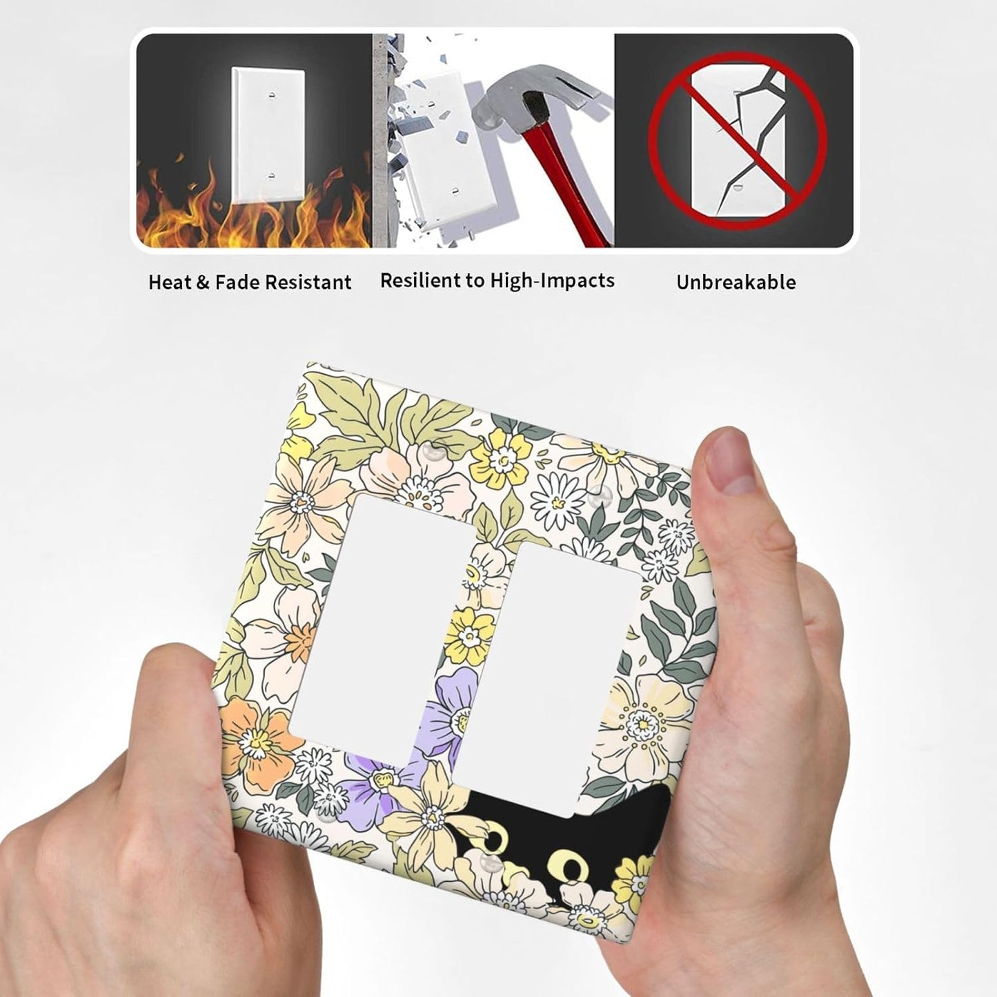 Decorative Outlet Covers Cute Black Cat in a Flower Patch Botanical Garden 2 Gang Wall Plate Double Rocker Light Switch Cover Double Switch Plate Cover for Home Decor (2 Pack)