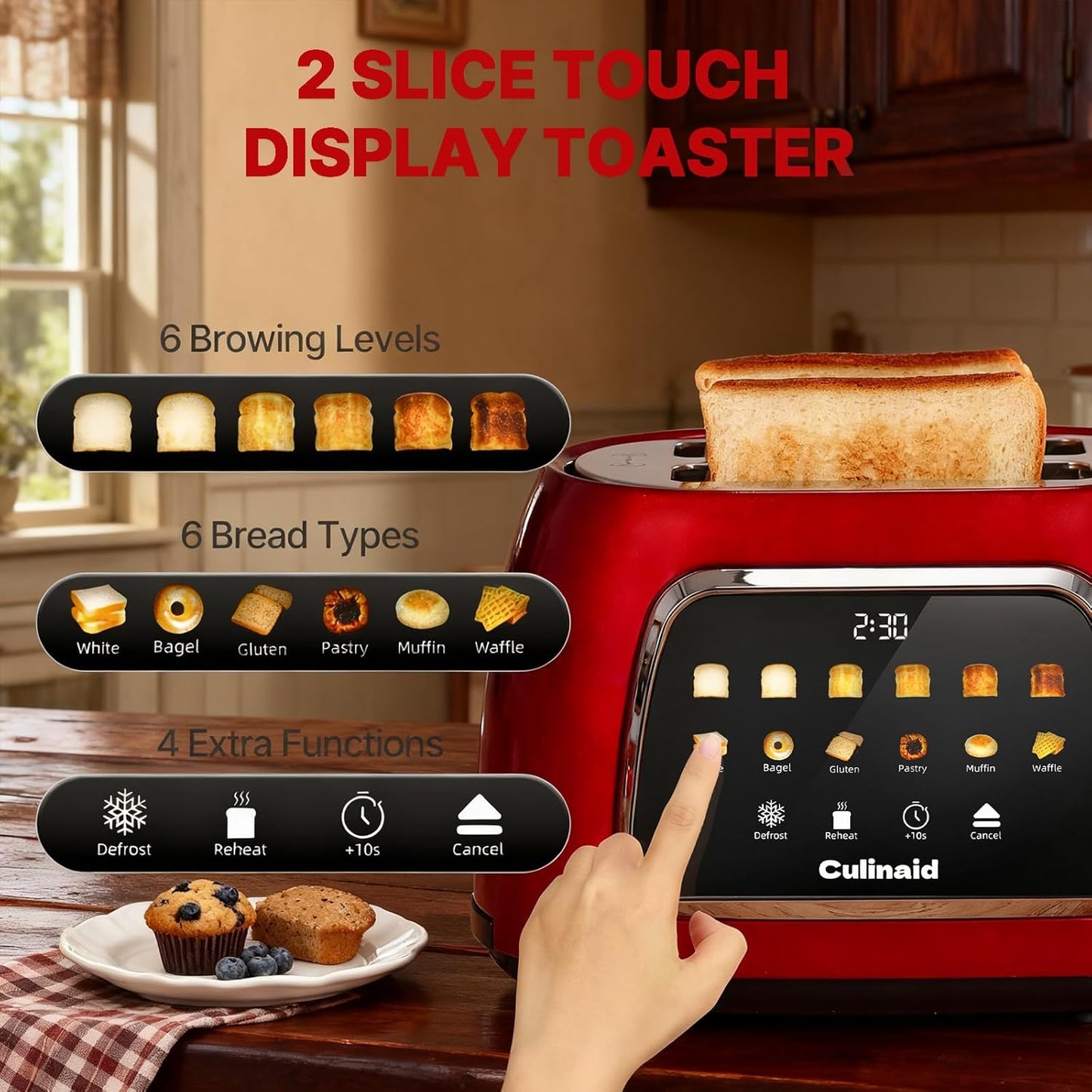 Toaster 2 Slice Smart Touch Screen, Retro 1.5'' Extra Wide Slot Stainless Steel Digital Bread Toaster with Memory Function, Bagel, Defrost, 6 Browning Levels and Removable Crumb Tray, Red