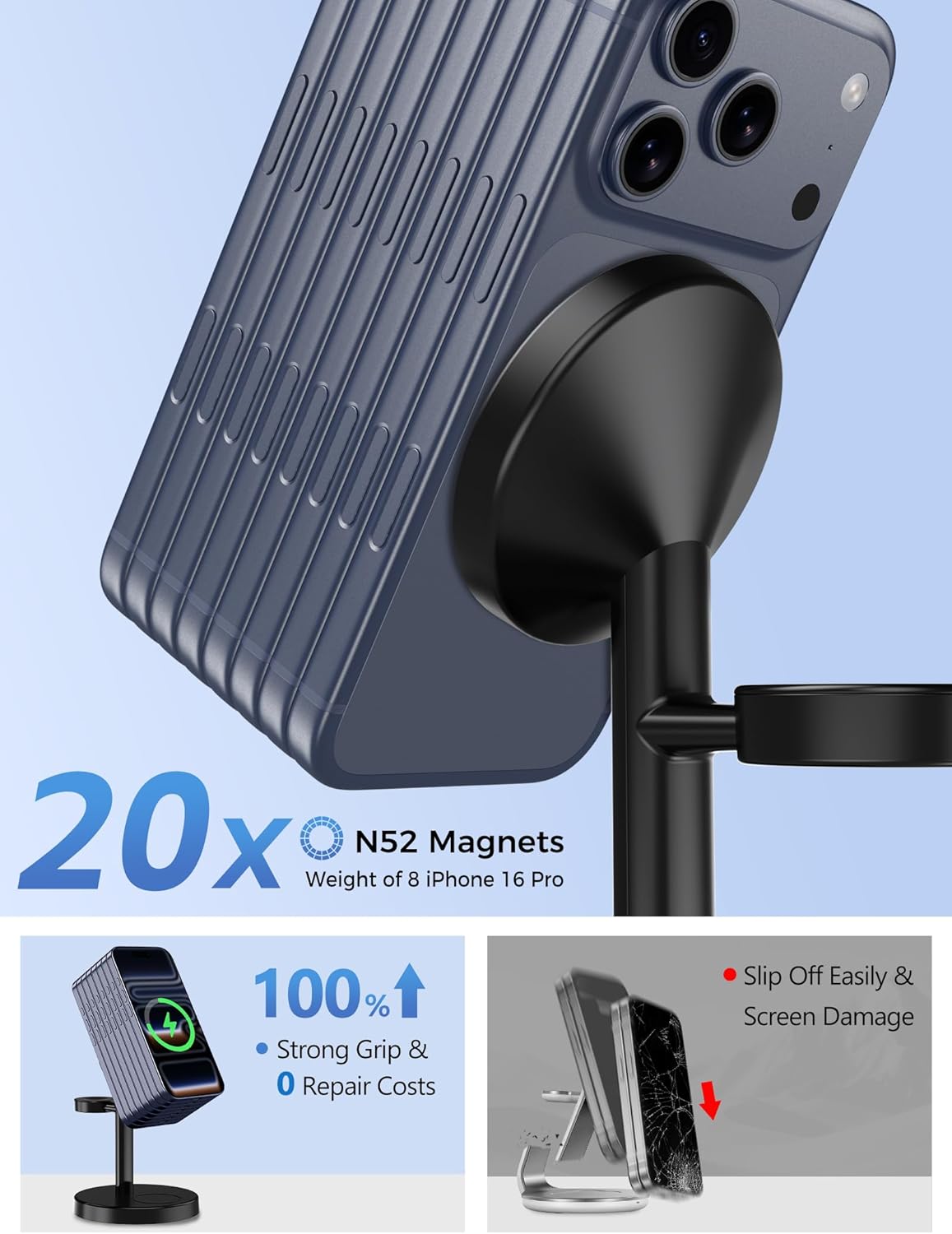 2025 3 in 1 Wireless Charging Station Compatible with MagSafe Charger Stand, 15W Fast Magnetic Mag-Safe Charger for iPhone 17 16 15 14 13 12 Series Apple iWatch AirPods Pro 4 3 2, Black