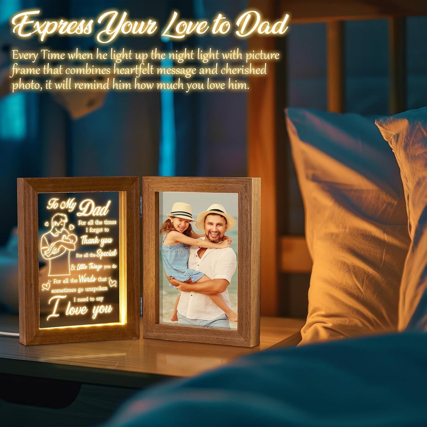 Tiblue Christmas Gifts for Dad from Daughter Son Kids Wife, Gifts for Daddy Who Wants Nothing Best Dad Gift - Night Light with Father Picture Frame for 5x7 Photos New Daddy Bonus Step Father Gift