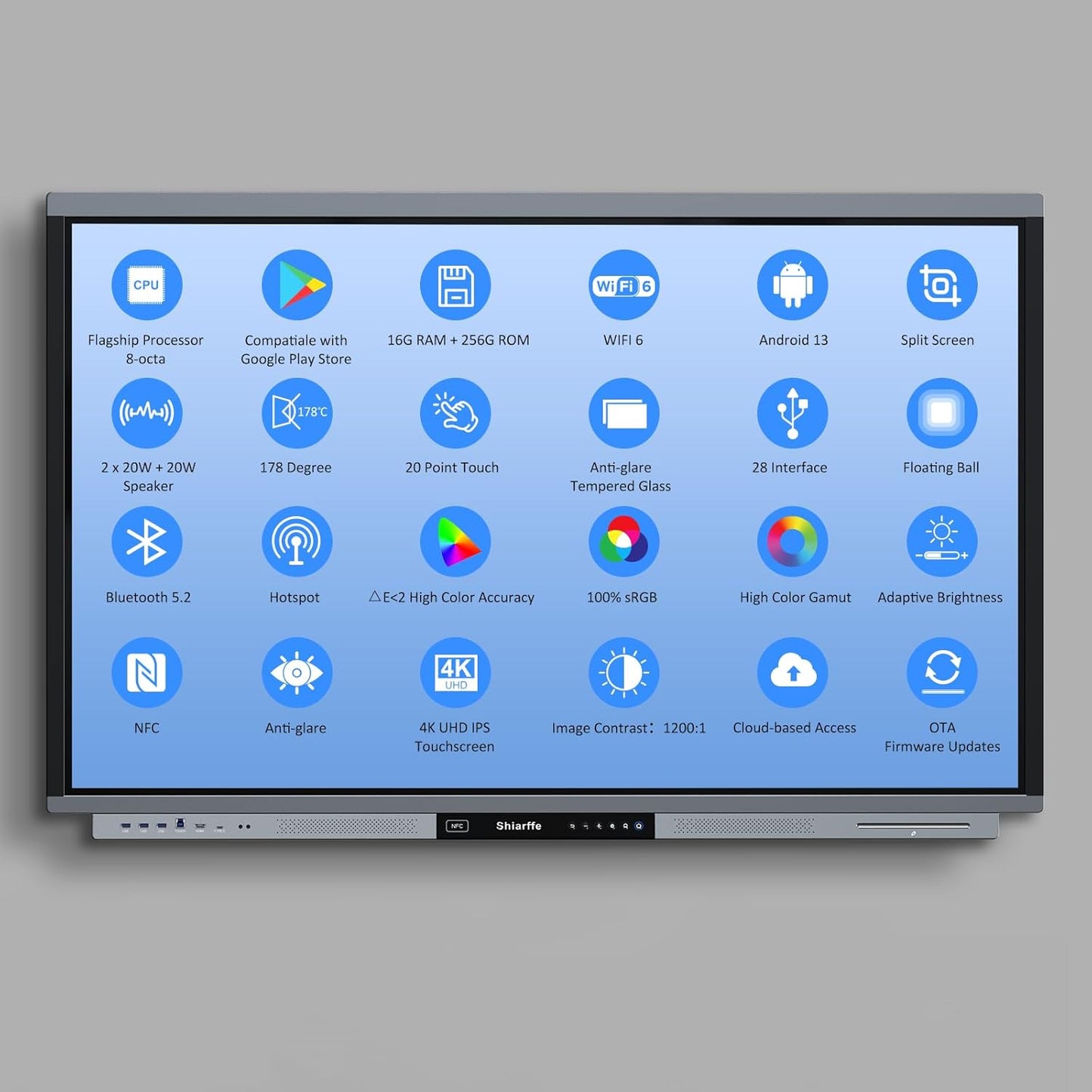 Shiarffe R9 Smart Board with Stand 4K Interactive Whiteboard EDLA-Certified All-in-One Touchscreen Digital Display Built-in 60W Speaker for Classrom Hybrid Work
