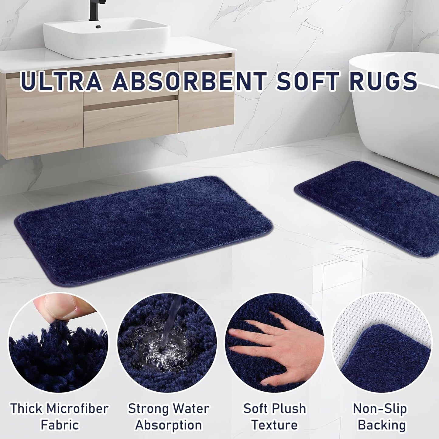 Bathroom Accessory Set - Bathroom Set, 27PC Bathroom Accessories Set, Navy Blue Bathroom Sets with Shower Curtain and Rugs, Mini Trash Can, Toilet Brush, Trash Can & Soap Dispenser