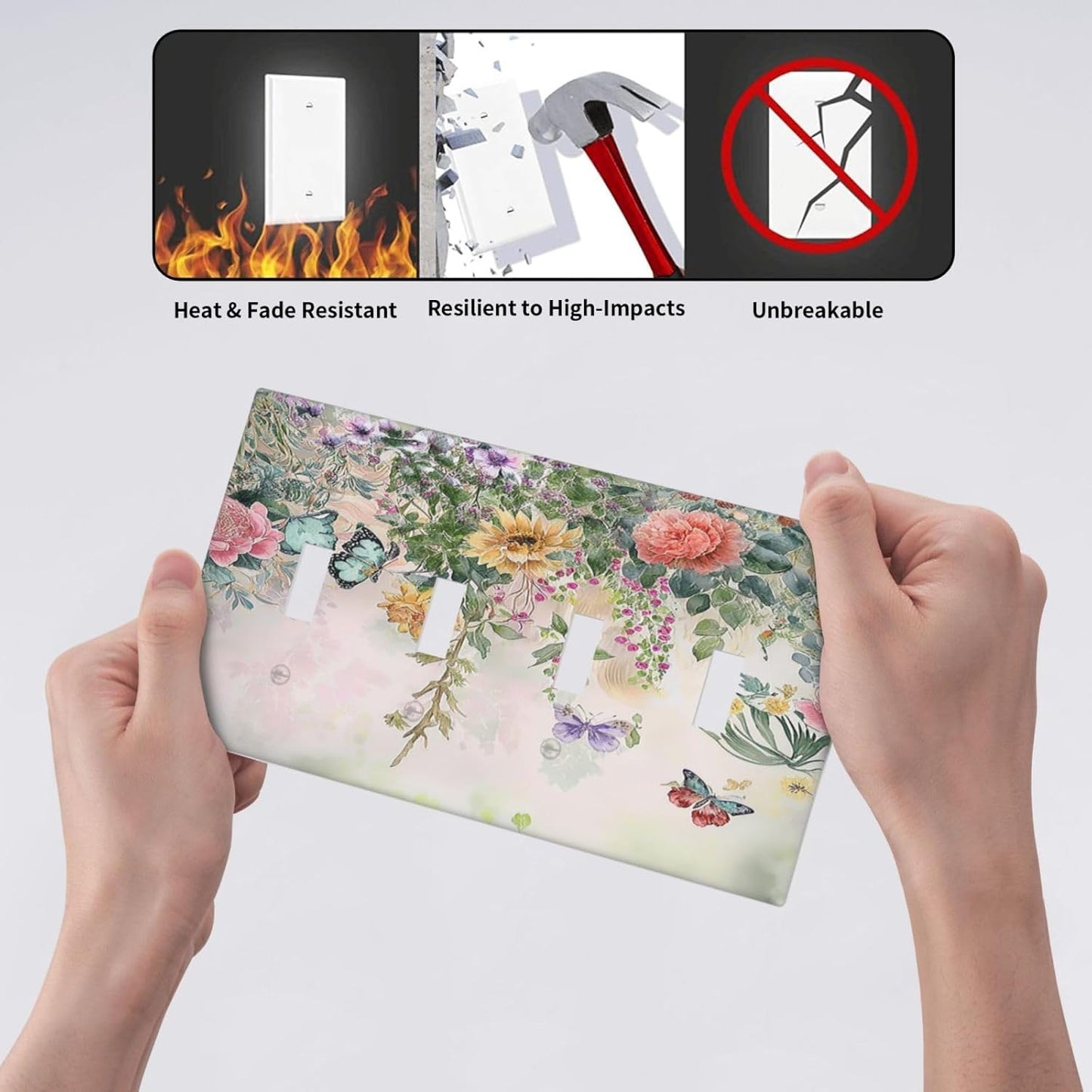 Light Switch Cover Plate Rustic Floral Watercolor Flower Blossom Butterfly Quad Toggle Wall Plates Decorative Switch Plates 4 Gang Outlet Covers Electrical Panel Cover Faceplate for Home 4.5 X 8 IN
