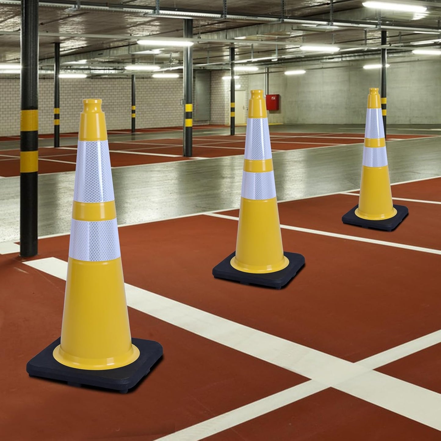 6 Pack 28 Inch Yellow Reflective Traffic Cones, Heavy Duty Black Base Safety Cones for Work Zones, Roadside Assistance and Maintenance Areas (6, Yellow, 28 Inch)