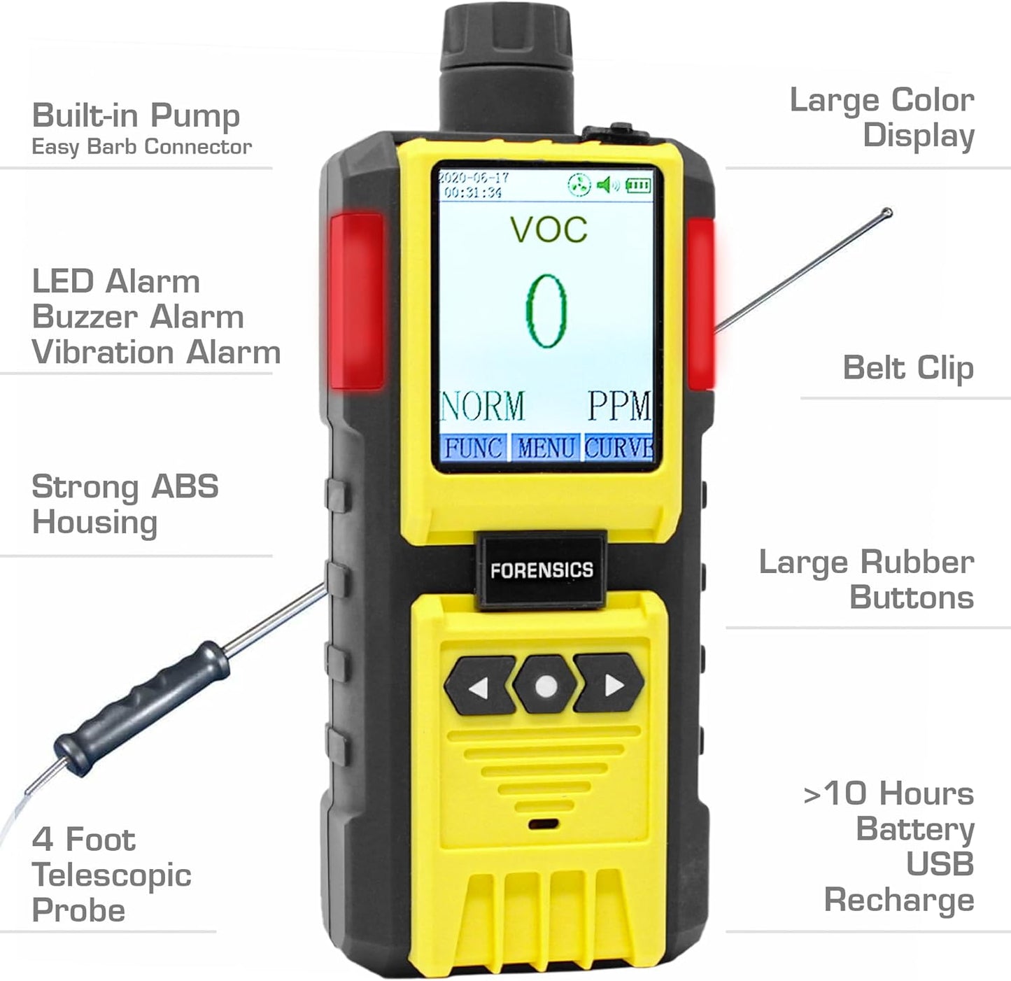 Volatile Organic Compounds VOC Detector by Forensics | USA NIST Calibrated & Certificate | USB Recharge | 0-100ppm VOC | Built-in Pump & 4ft Probe |