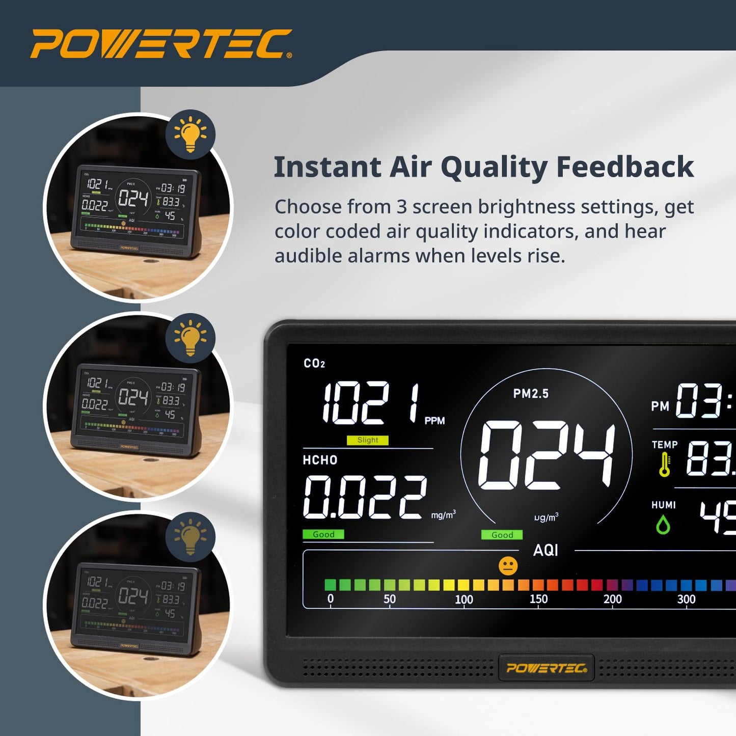 POWERTEC AD1001 Air Quality Monitor with 7” LCD Display – Multi-Sensor CO₂, PM2.5, PM10, HCHO, TVOC Detector, NDIR & Semiconductor Sensors, Rechargeable Indoor/Workshop Air Monitor