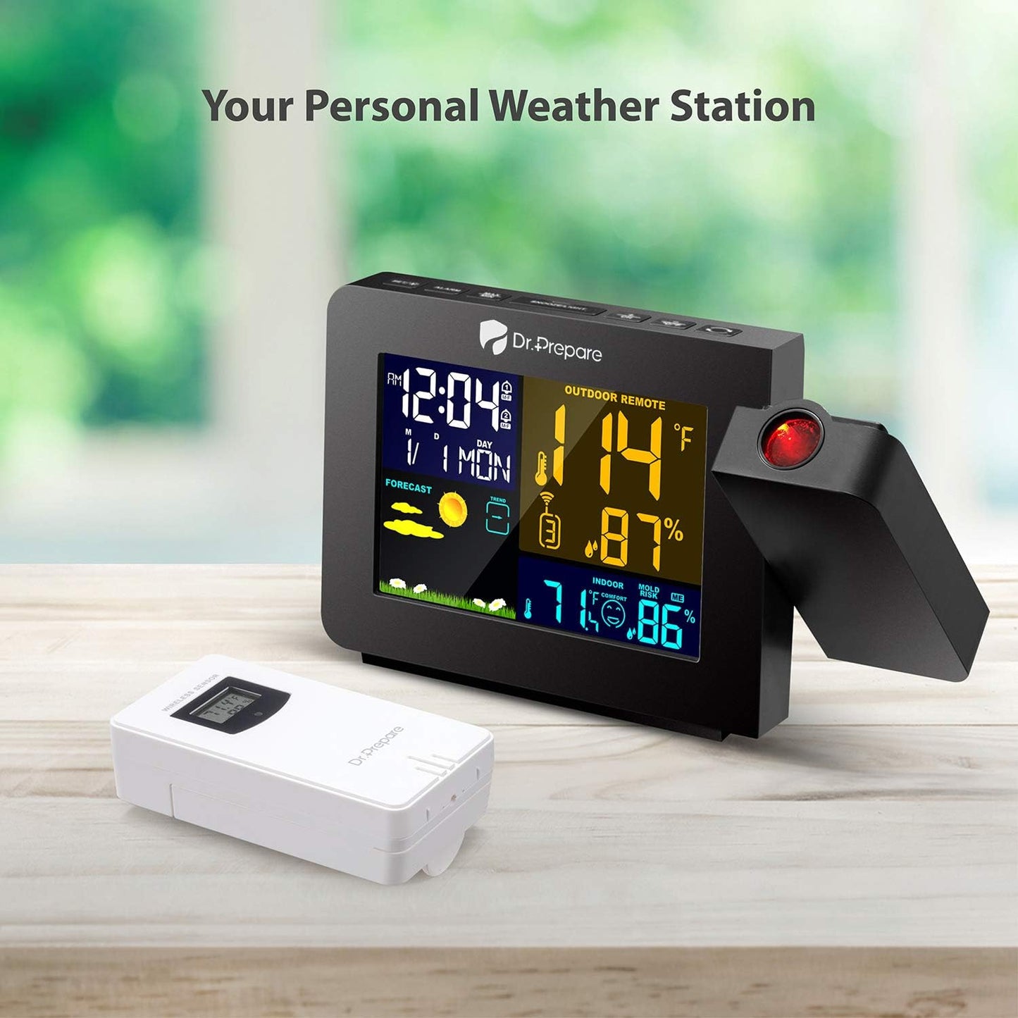 DR.PREPARE Projection Alarm Clock, Indoor Outdoor Temperature Display, Dual Alarms, Snooze, Weather Forecast, Digital Clock Projector for Bedroom