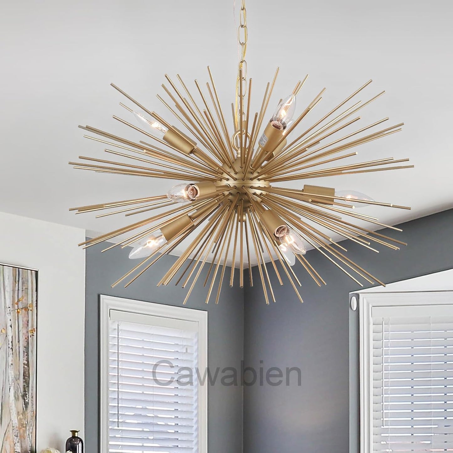 Modern Starburst Chandelier:9 Lights Gold Sputnik Light Fixture for Dining Room Living Room,Bedroom, Kitchen Room, Entryway,Foyer,24in