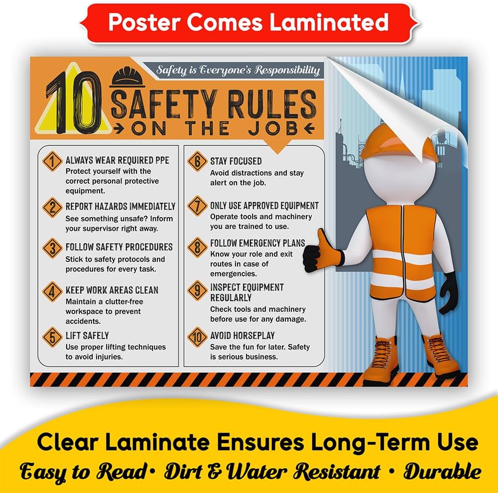 10 Safety Rules on the Job Poster 2026 – 18x24 Durable Laminated Business Safety First Poster Sign, Tear-Resistant, Waterproof Workplace Safety & Industrial Safety Poster for Construction (Pack of 1)