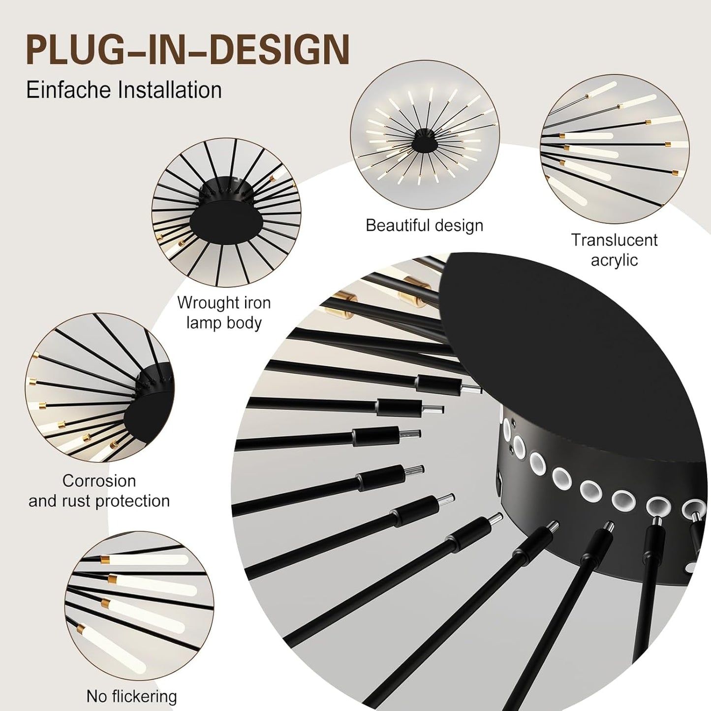 Modern Ceiling Light Flower Shape, Metal Firework Ceiling Lamp with Plug-in LED Source, Lighting Fixture for Living Room Dining Room Bedroom, Natural Light