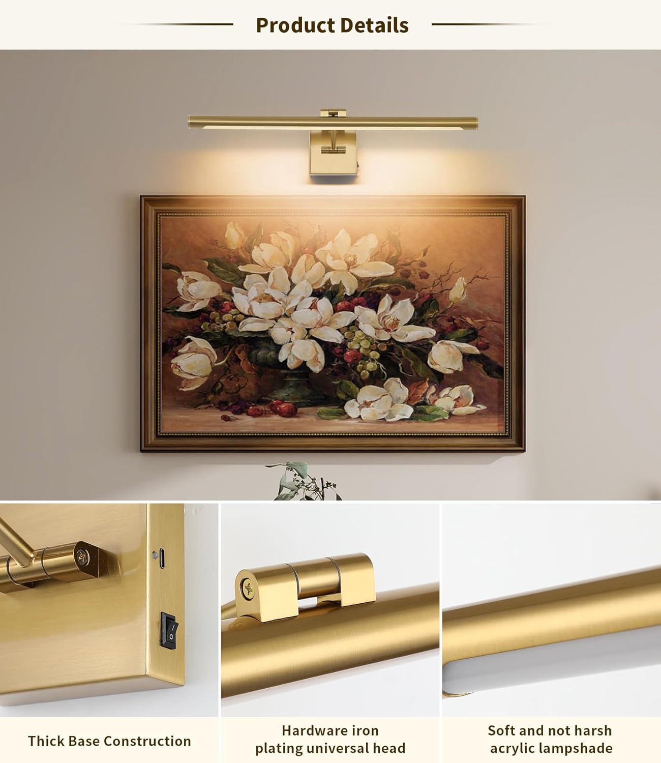 Joosenhouse Battery Operated Picture Lights for Wall Rechargeable Art Lighting for Paintings Wireless Gallery Lights with Remote Control and Dimmable Timed Off Brass Wall Lights 24.4 inch