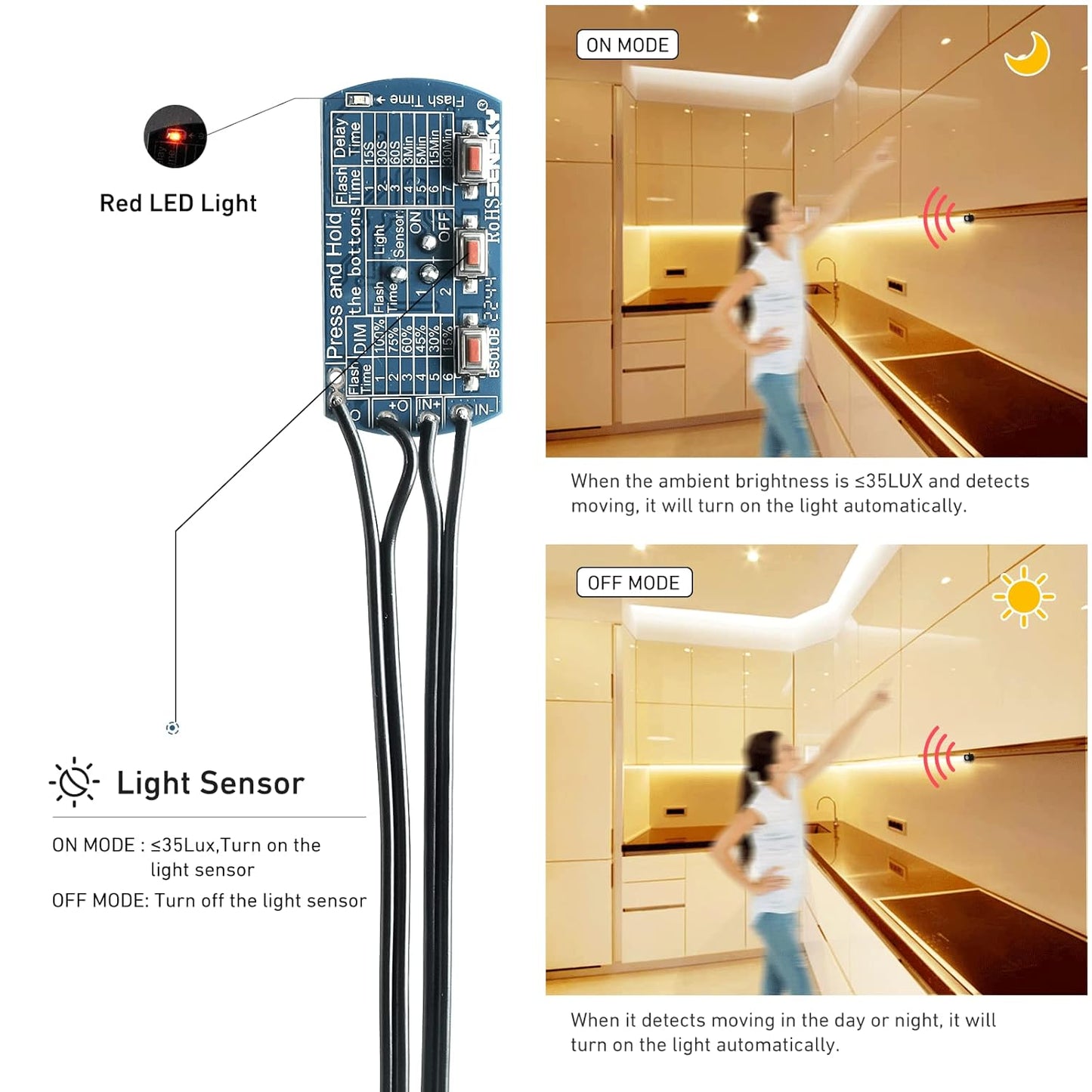 SENSKY BS010BB DC 12V/24V 3A Mini Dimmable Pir Motion Sensor Switch,Occupancy Sensor Switch for Kitchen Cabinet, Pantry, Closet led Lighting (Black-with Light Sensor)