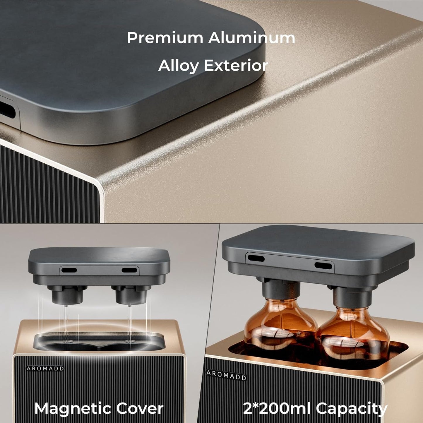 Smart Aroma Dual-Scent Waterless Essential Oil Diffuser, Cold Air Tech Scent Air Machine for 2000 Sq Ft, 2×200ml Hotel Collection Diffuser for Home & Office (Gold Titanium, Two Scents)