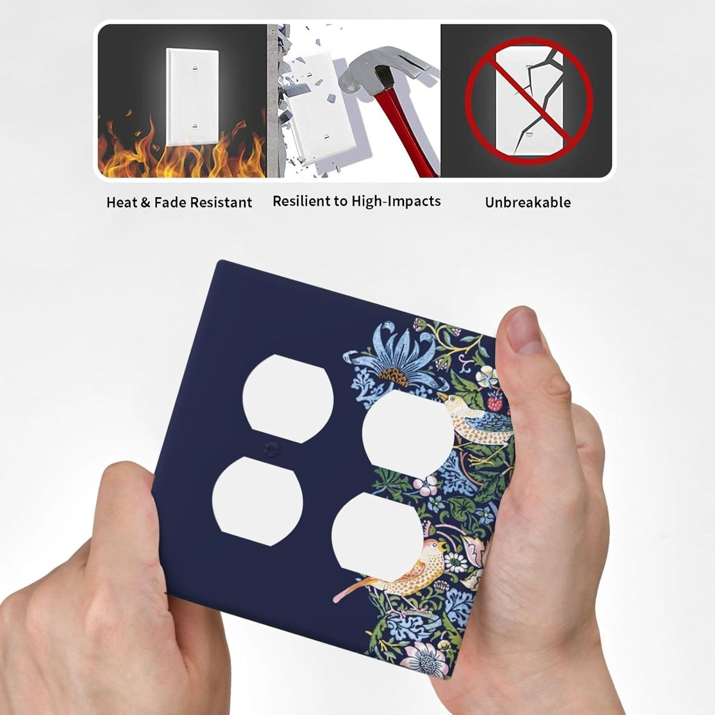 Decorative Outlet Covers Vintage Blue Morris Strawberry Thief Bird Flower 2 Gang Wall Plate Cover Double Duplex Receptacle Two Switch Light Switch Cover Plate Faceplate