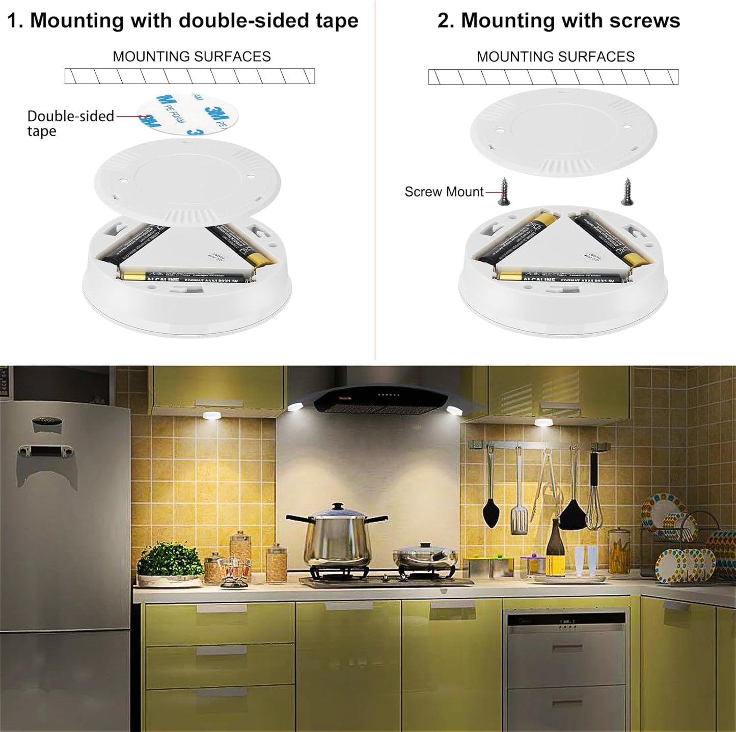 LUXSWAY LED Puck Light, Ultra-Thin Touch Light, Battery Operated, Tap Lights, 60 Lumens, Stick on Lights, Under Cabinet Lighting, Ideal for Kitchen Cabinets, Closets, Garage and More, 3-Pack, White