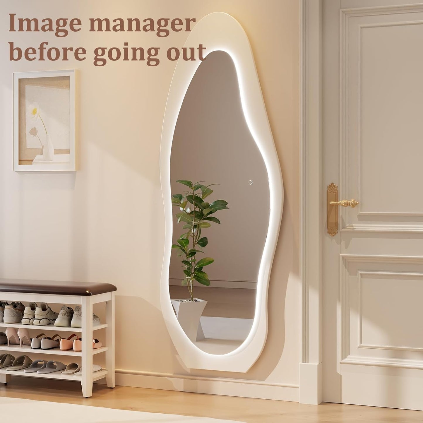 WoodsWhisper 69"X 24" Soild Wood Mirror Full Length,Wavy Wall Mirror,Lights Irregular Led Full Length MirrorShatter-Proof Hanging or Leaning Against Wall for Cloakroom/Bedroom/Living Room(White)