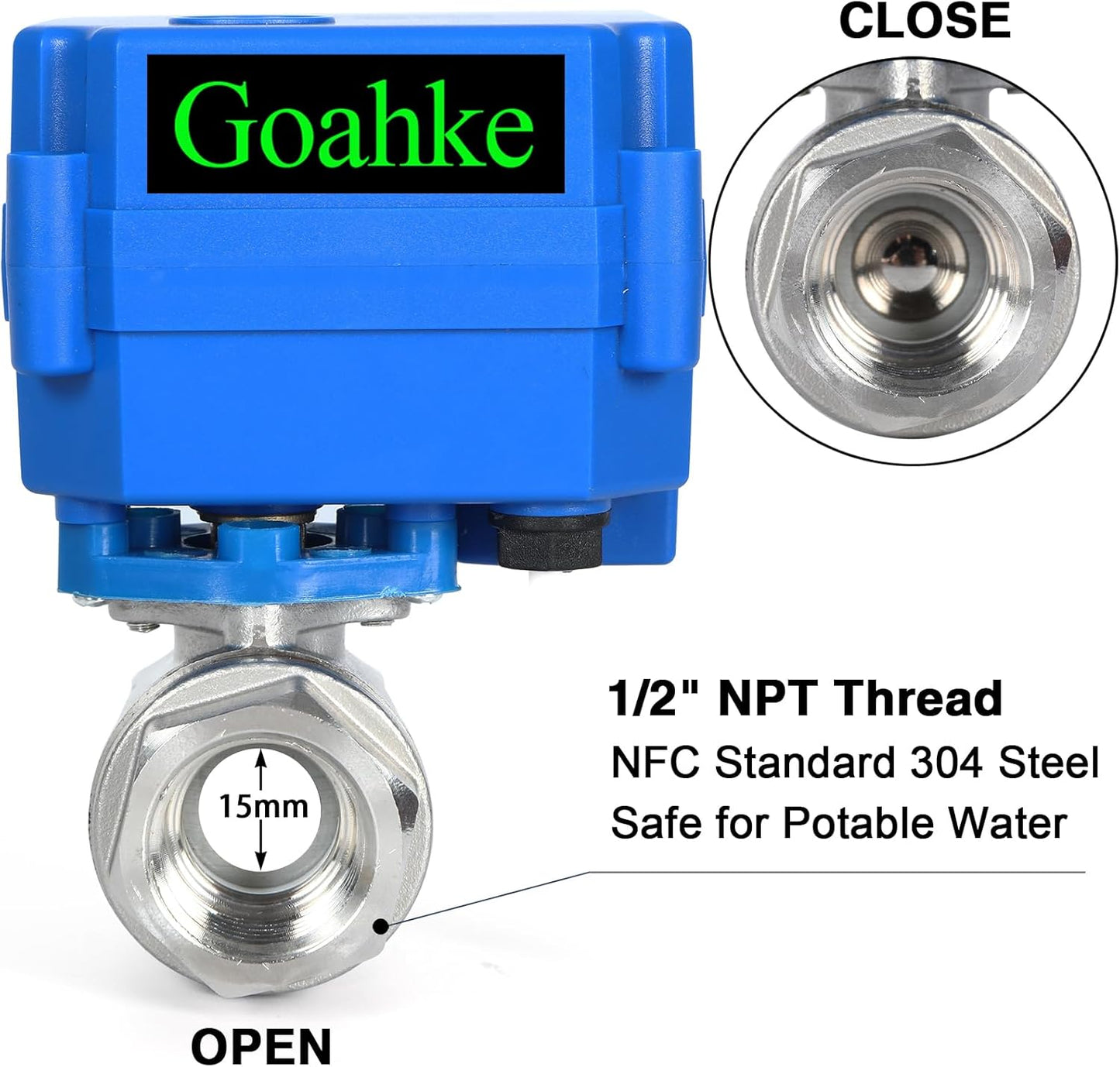 Motorized Ball Valve 1/2", Full Port, 2 Wire Auto Return, Stainless Steel Ball Valve, 9-24V AC/DC, Electric Shut Off Ball Valves
