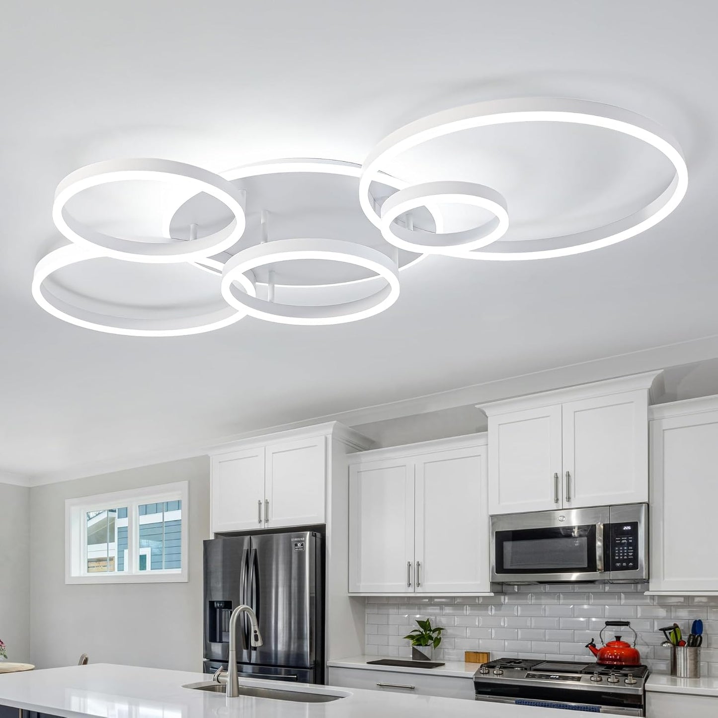 O'NEELDY Modern LED Ceiling Light White Flush Mount Ceiling Lights Fixtures Dimmable 47" Dining Room Light Fixture with Remote 6 Rings Kitchen Lighting Fixtures Ceiling Lamp for Bedroom,Living Room
