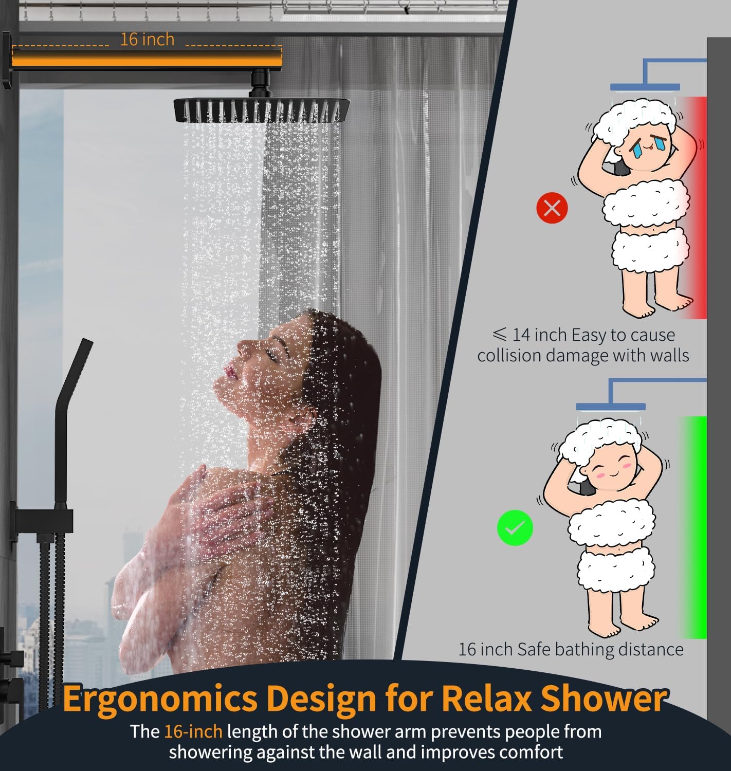 SR SUN RISE Black Square Rainfall Shower Head and Handle Set, Wall Mounted Shower Fixtures, Metal Shower Faucet Trim Repair Kits (With Shower Valve)