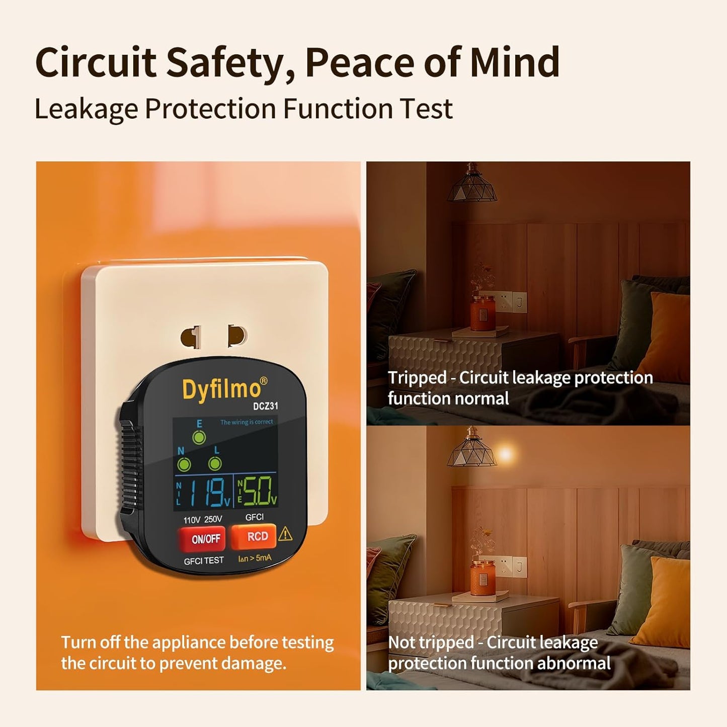 GFCI Outlet Tester with LCD Display,3-Prong Outlet Tester Plug in,Voltage Socket Checker,Electrical Diagnostic Tool for 110V-250V AC Home Outlets