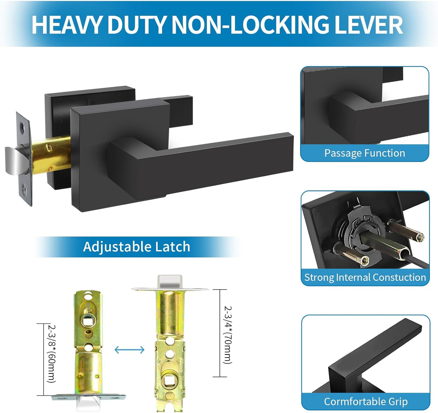 Passage Door Lever, Matte Black Interior Door Handles for Hallway& Closet Heavy Duty Non-Locking Lever Sets Keyless Door Knobs Lockset for Right & Left Side Door, 2 Pack