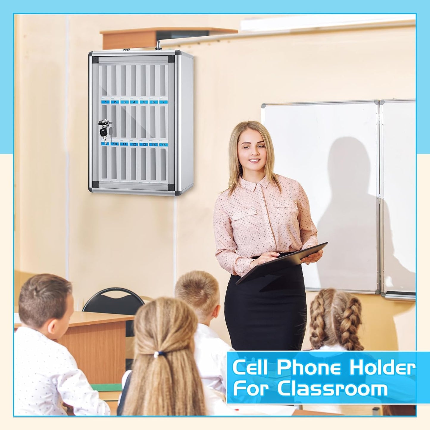 Amylove 24 Slots Cell Phone Locker Cabinet Aluminum Alloy Pocket Chart Storage Locker Box Cabinet Wall-Mounted Cell Phones Storage Box with Handle for Office Classroom Gym (White)