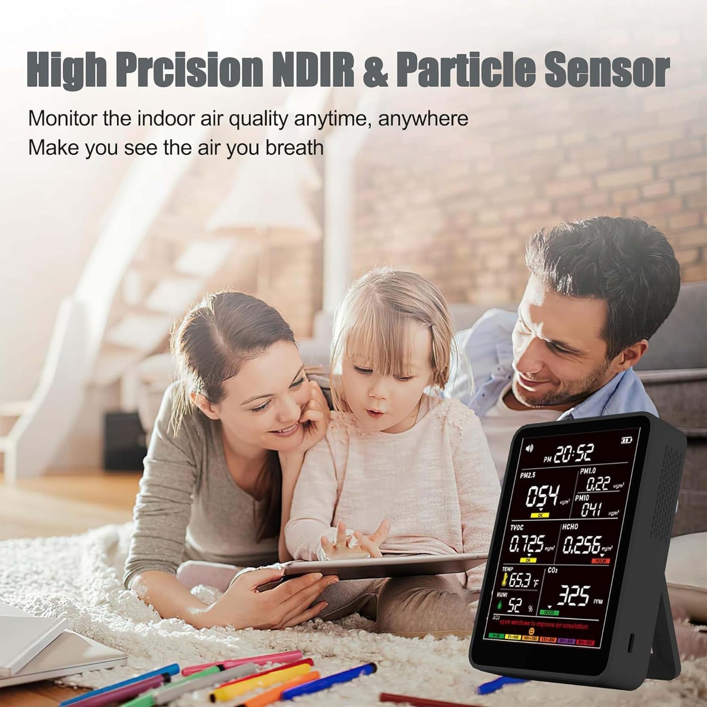 Professional Indoor Air Quality Monitor with AQI Beep Alarms, Portable Real-Time Detector for Home Cars Plants and Pets (Black)