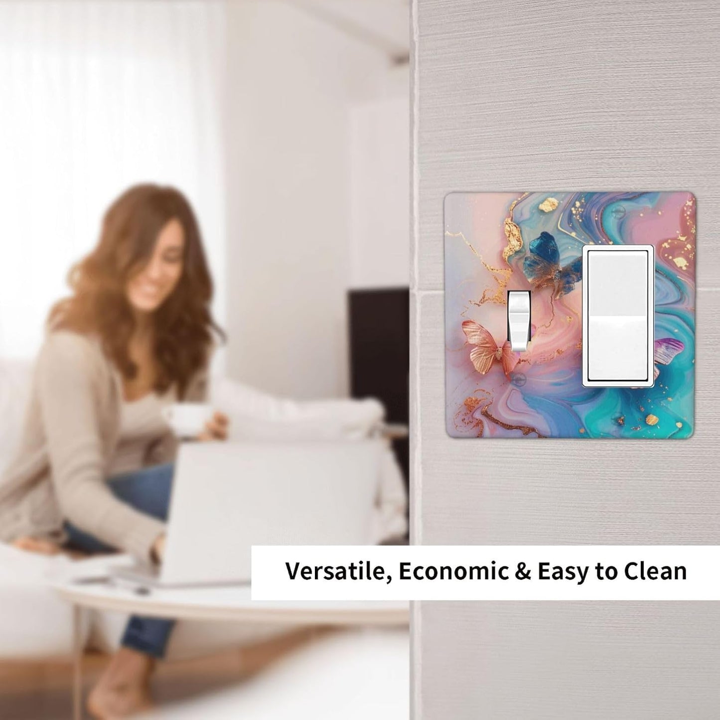 Colorful Marble Butterfly Gold Glitter Abstract Print Outlet Covers 1 Toggle 1 Rocker Combination Decorative Wall Plate Electrical Switch Plates Light Switch Cover Plate for Bed Room Living Room Decor