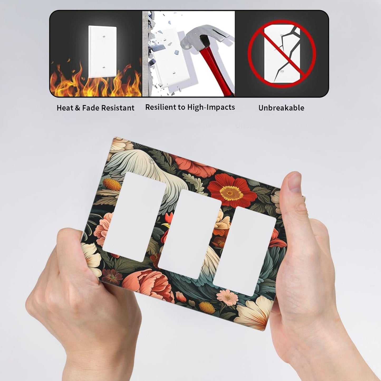 Light Switch Covers Rooster Flowers Red White Chicken Floral 3 Gang Rocker Electrical GFCI Decorative Triple Outlet Wall Plate Cover Switchplate for living Room Farmhouse Decor