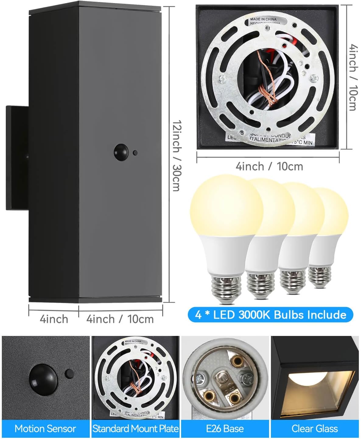 Motion Sensor Outdoor Lights 2 Pack, Modern Outdoor Wall Lights Black Porch Light with E26 Base, Square Motion Detector Lights for Outside, Waterproof Sconce for House Doorway, Bulbs Included
