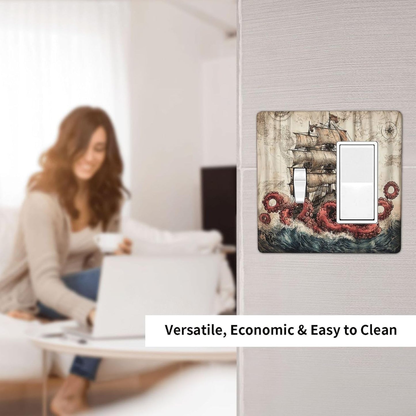 Outlet Covers Vintage Octopus Ocean Sailboat Bizarre Adventure 1 Toggle 1 Rocker Combination Decorative Wall Plate Light Switch Cover Plate Electrical Switch Plates for Bathroom Kids room Decor